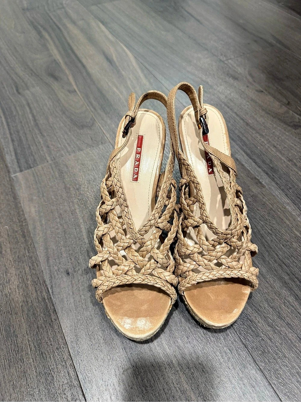 Prada Woven Platform Wedge Sandals in Brown